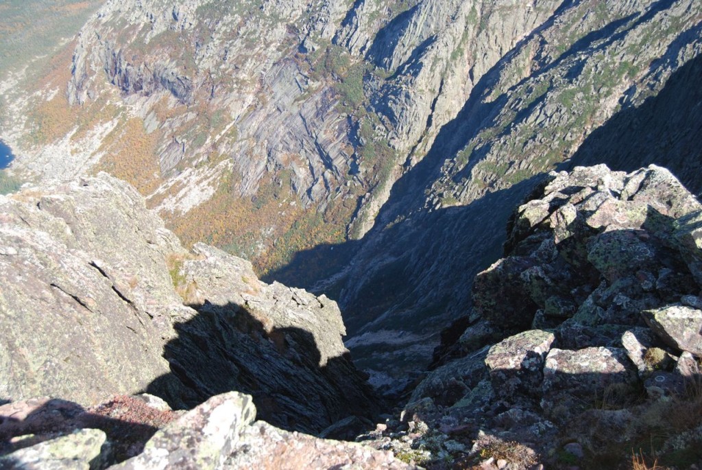 looking down the edge, Chimney Pond in the upper left